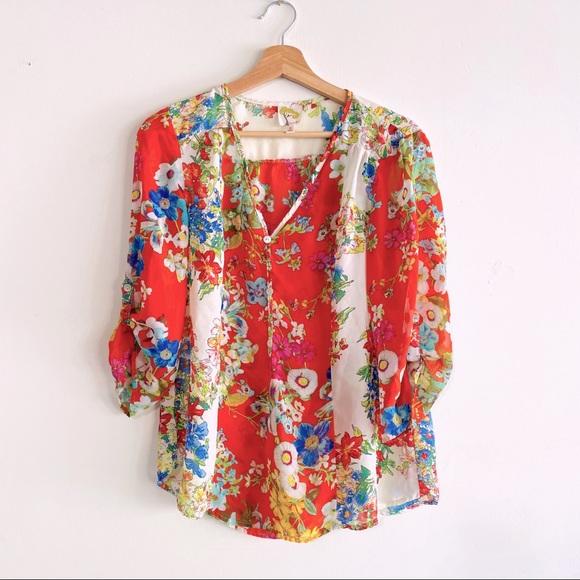 Anthropologie Fig & Flower Red Ivory Blue Floral Sheer Boho Blouse Top V Neck S - Picture 1 of 7